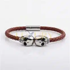 Stainless Steel Double Skeletons Man Bracelet Real Cow Brown Leather Men Fashion Jewelry