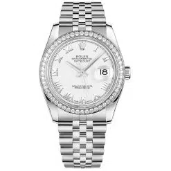 Rolex Datejust 116244 White Roman Numeral 36mm Dial Diamond Set Bezel Oystersteel Jubilee Bracelet Watch
