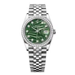 Rolex Datejust 126284RBR-0047 Olive Green Palm Motif Set with Diamonds Dial 36mm Diamond Set Bezel Jubilee Bracelet Watch