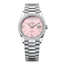 Rolex Day-Date 128396TBR-0009 Pink Opal Roman Numeral Set with Diamonds 36mm Dial Diamond Set Bezel Platinum President Bracelet Watch
