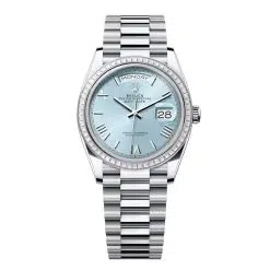 Rolex Day-Date 128396TBR-0019 Ice Blue Roman Numeral 36mm Dial Diamond Set Bezel Platinum President Bracelet Watch