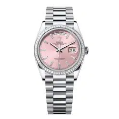 Rolex Day-Date 128396TBR-0025 Pink Set with Diamonds 36mm Dial Diamond Set Bezel Platinum President Bracelet Watch