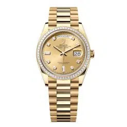 Rolex Day-Date 128398TBR-0002 Champagne Set with Diamonds 36mm Dial Diamond Set Bezel Yellow Gold President Bracelet Watch