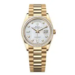 4Rolex Day-Date 128398TBR-0004 White Mother-of-Pearl Set with Diamonds 36mm Dial Diamond Set Bezel Yellow Gold President Bracelet Watch
