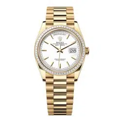 Rolex Day-Date 128398TBR-0016 White 36mm Dial Diamond Set Bezel Yellow Gold President Bracelet Watch