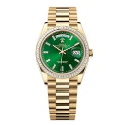 Rolex Day-Date 128398TBR-0035 Bright Green Set with Diamonds 36mm Dial Diamond Set Bezel Yellow Gold President Bracelet Watch