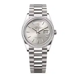 Rolex Day-Date 128399TBR-0001 Silver 36mm Dial Diamond Set Bezel White Gold President Bracelet Watch
