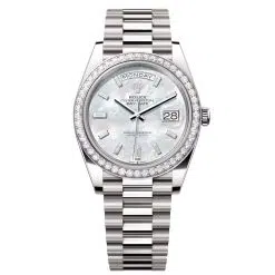 Rolex Day-Date 228349RBR-0046 White Mother-of-Pearl Set with Diamonds 40mm Dial Diamond Set Bezel White Gold President Bracelet Watch