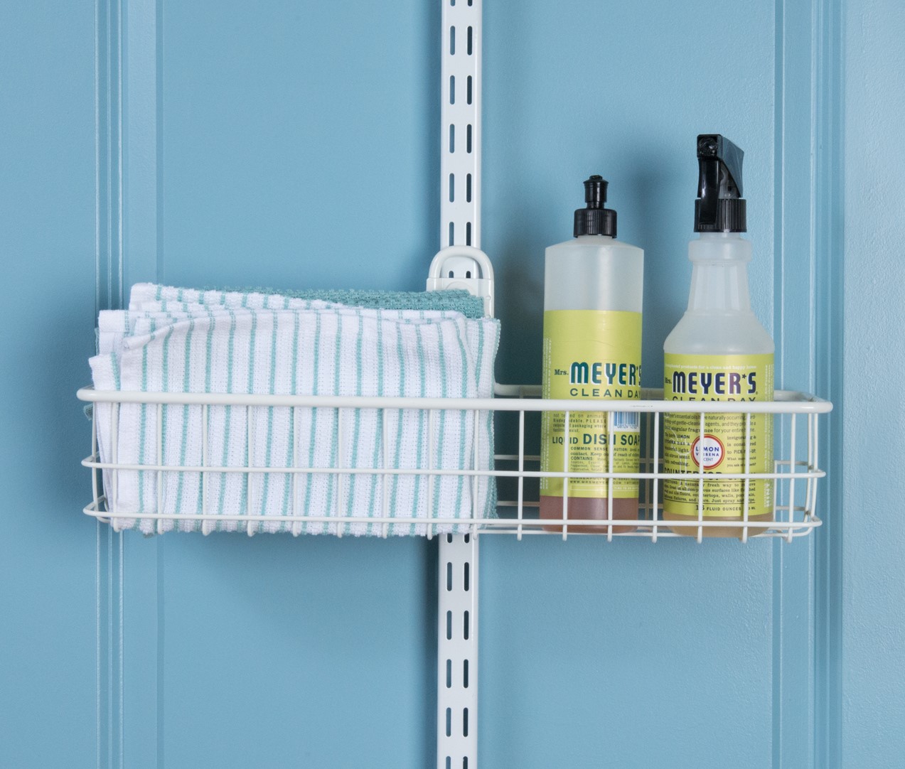 Over The Door Cleaning Kit in White with Meyer's Cleaning products and cleaning rags. 