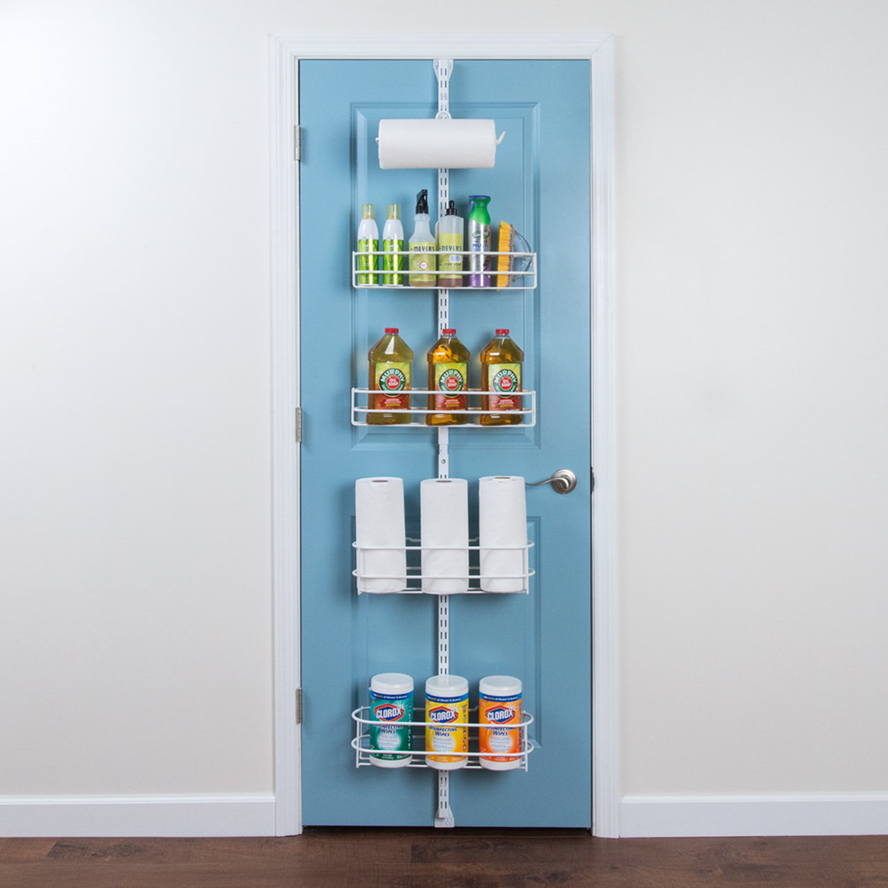 Over The Door Organizer in White with cleaning supplies, paper towels, and Clorox Wipes.