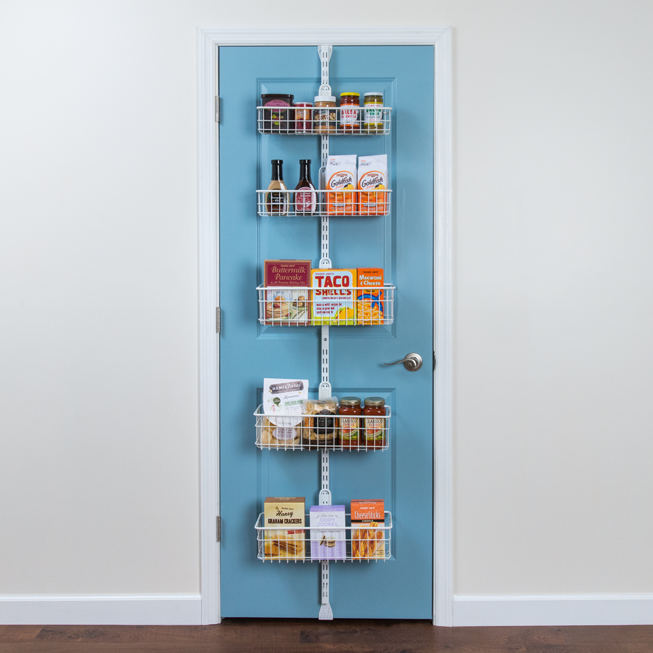 Over The Door Pantry in White with dry goods and blue door.