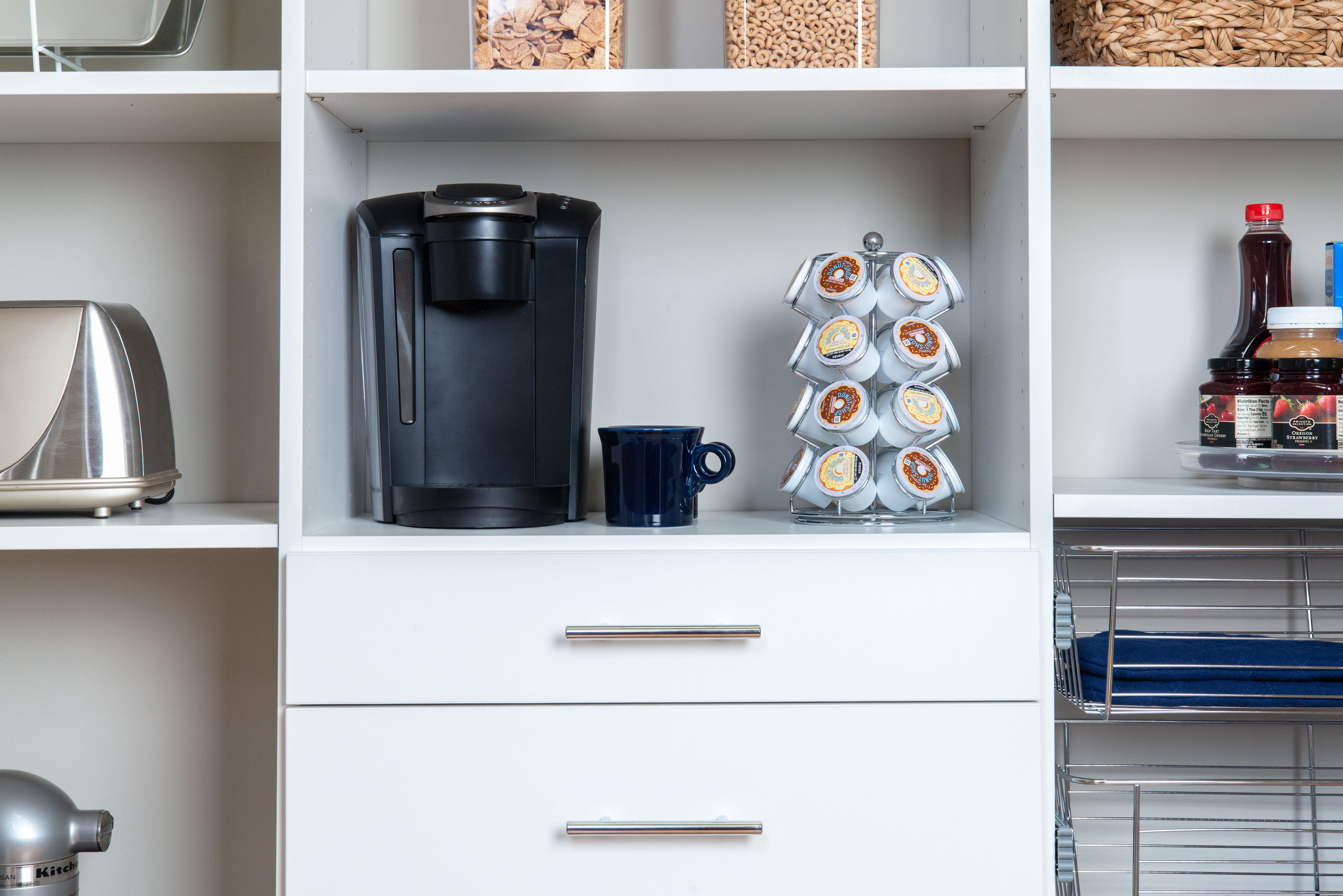 Select Pantry in White with Keurig and coffee pods.