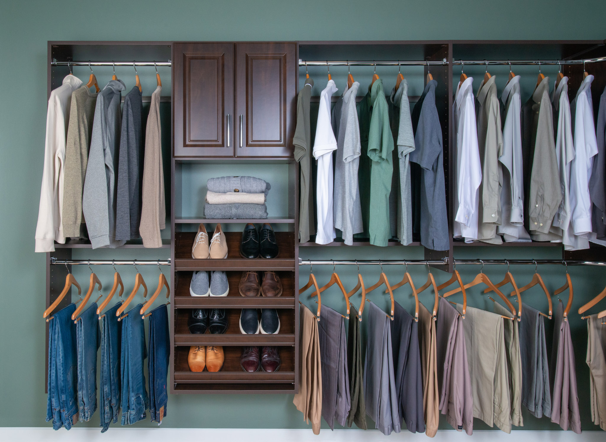 Select Walk-in Closet in Chocolate Pear with men's clothing and shoes.