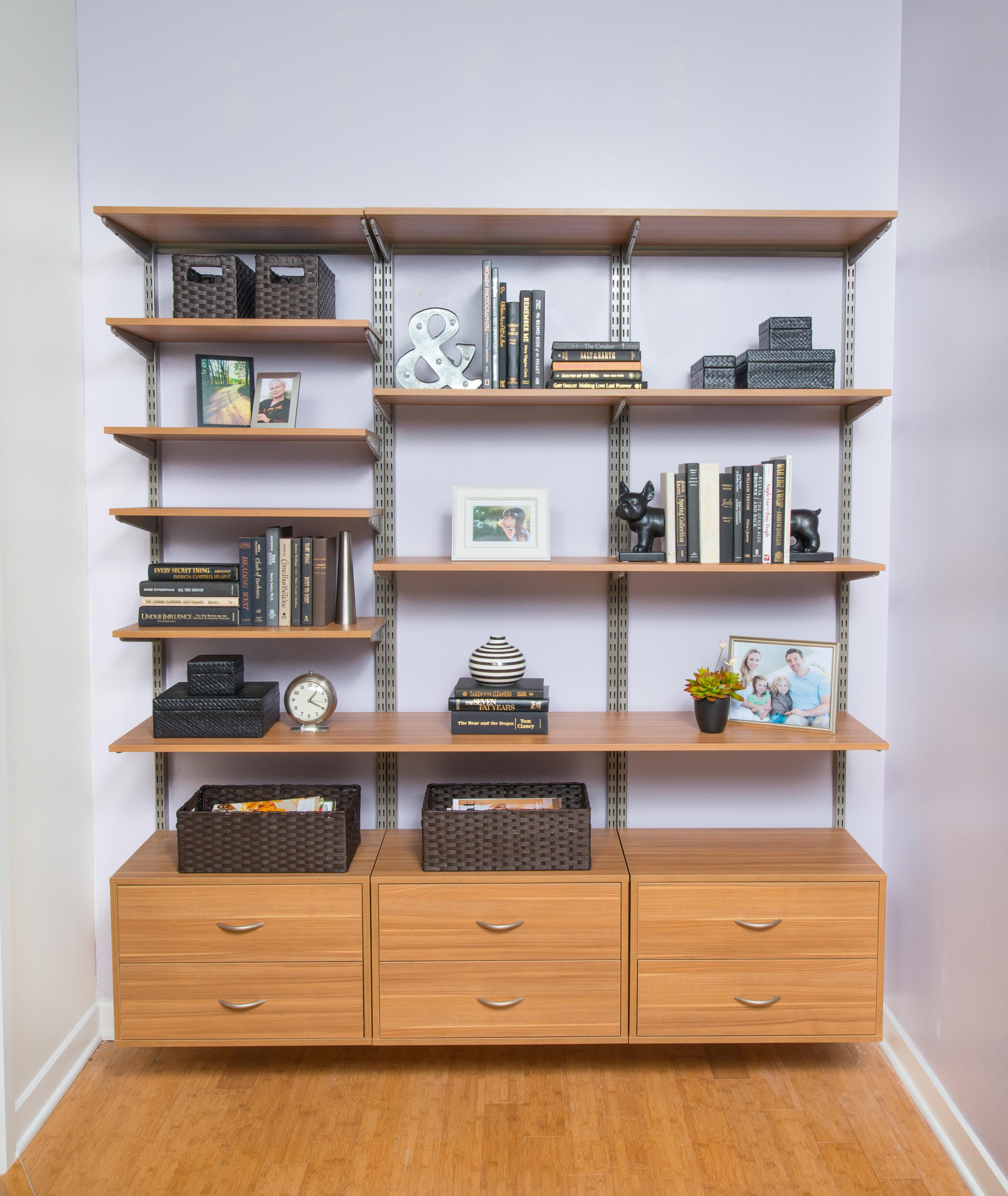 freedomRail Built-in Closet in Cypress Live with books and baskets.