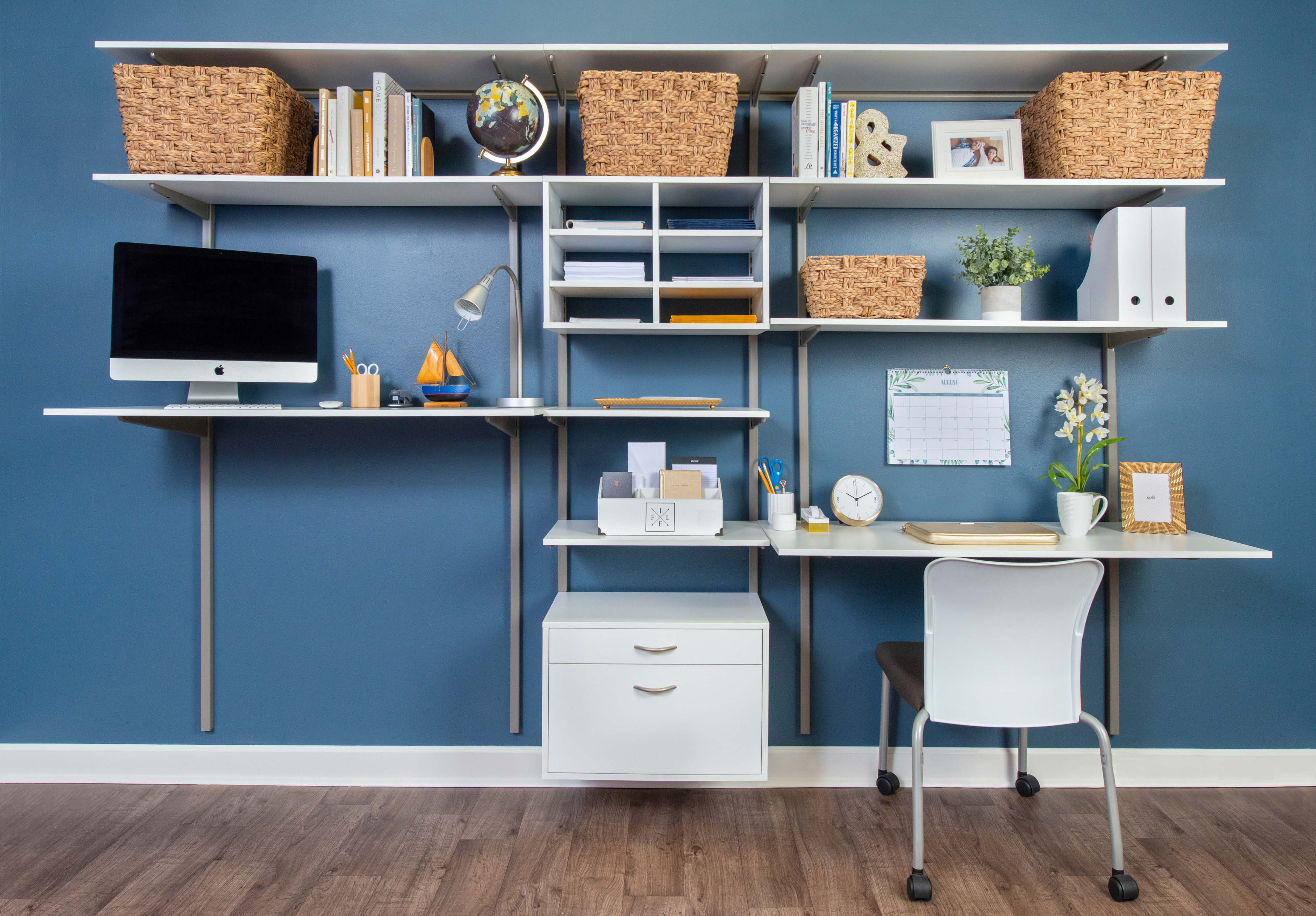 freedomRail White Dual Desk Office with standing desk and baskets.