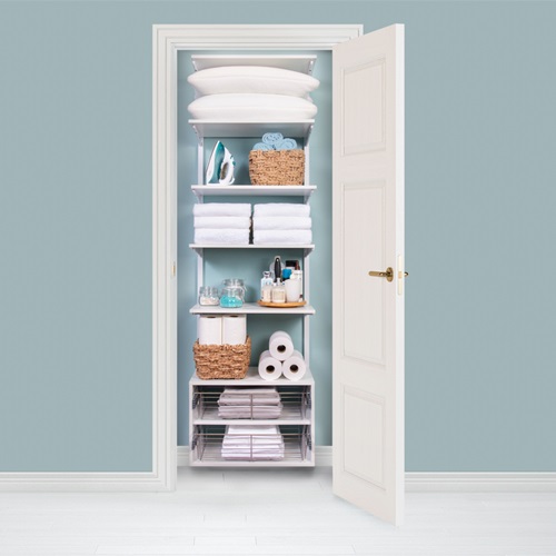 freedomRail White Linen Closet with shelves and blue background.