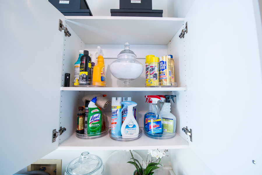 Select in White with cleaning supplies and round organizers