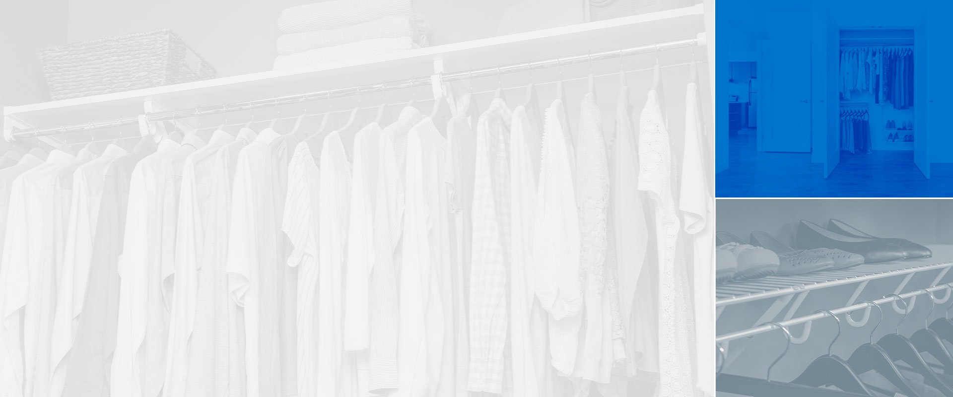 three closets with white, gray and blue overlays